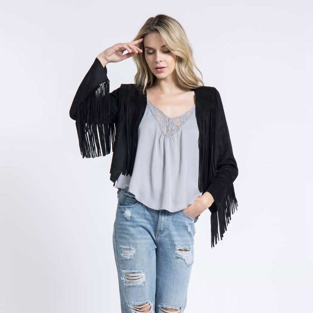 Black western cropped fringe jacket